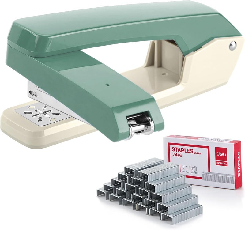 EZWORK Deli/ Swing-Arm Swivel Stapler, 25 Sheets Capacity, 360 Degree Rotate Desk Staplers with 1000 Staples for Booklet or Book Binding, Green+White - Image 1
